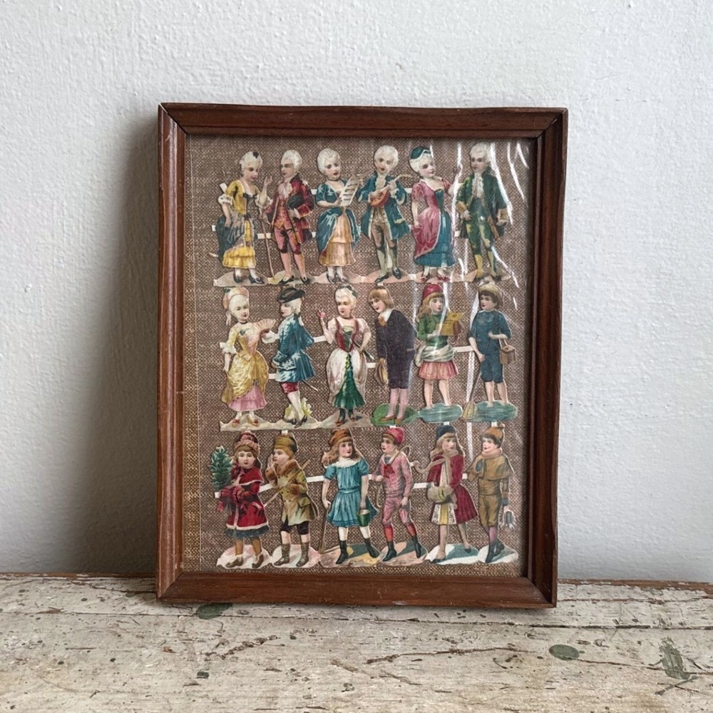 Vintage Framed Paper Doll Collage Historical Figures Wooden Frame 9x11 Art
